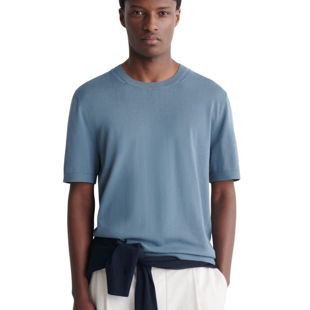 COS Knitted Cotton Crewneck T-Shirt Men Small Teal Blue Textured Waffle The Row